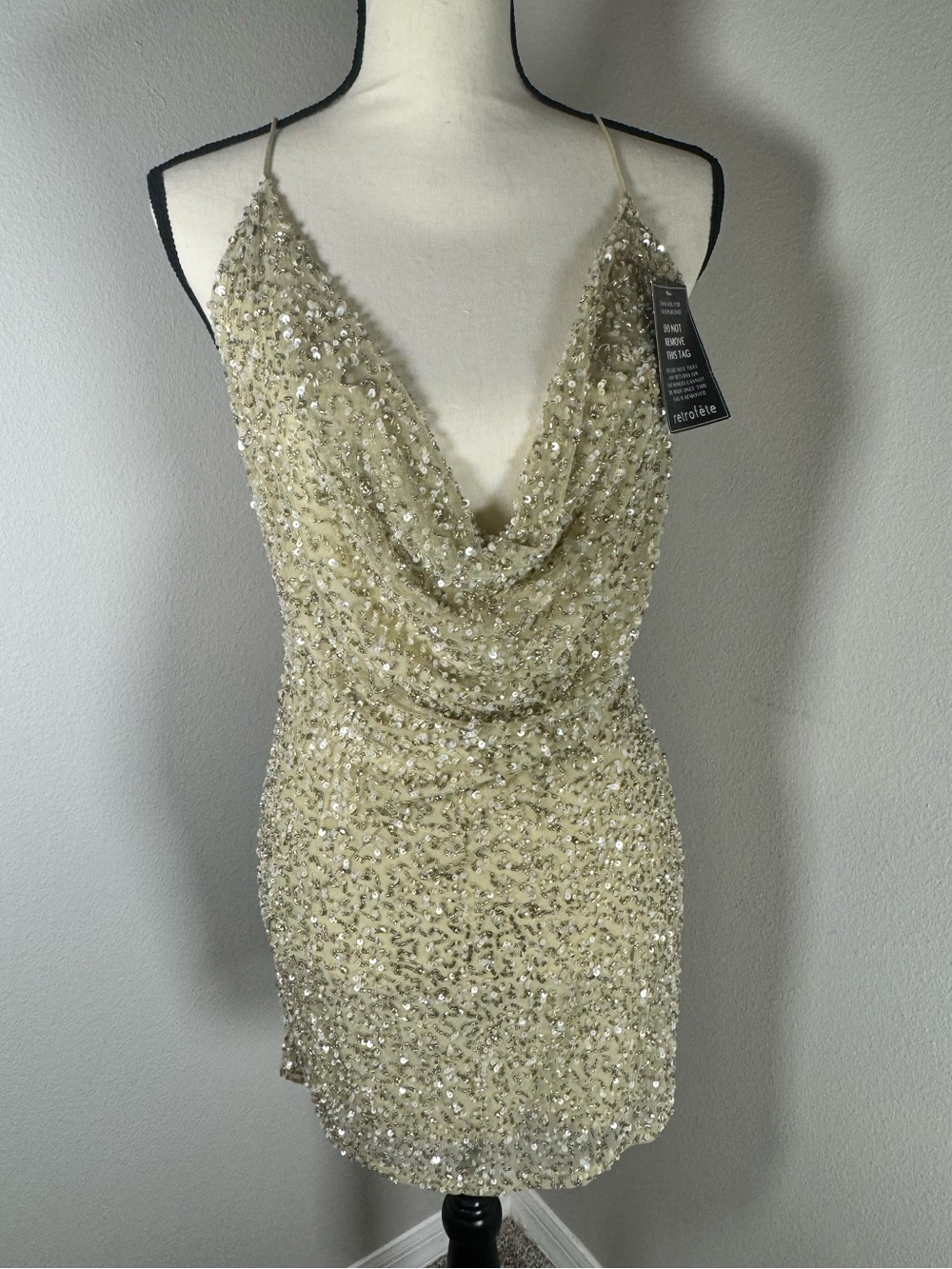 Retrofête Mich Sequin Dress Nude Gold Cowl Neck Mini S NWT
